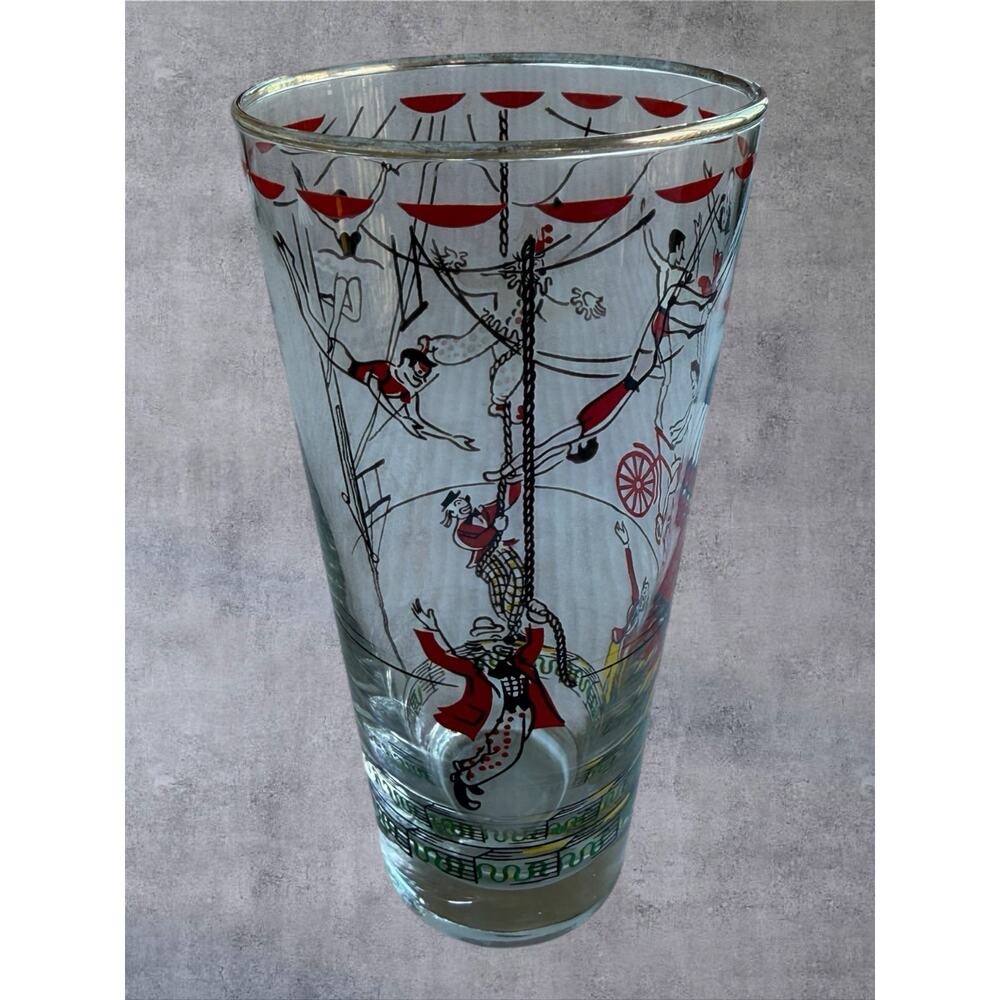 Vtg Libbey Day at the Circus 16oz Highball Glass 1950s MCM Clown Trapeze Cup